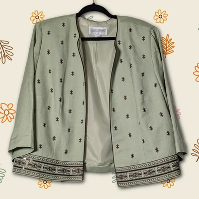 Chaqueta Vintage Jessica Howard Salvia Verde Mezcla Lino con Detalle Bordado talla 18W Foto 1 de 4