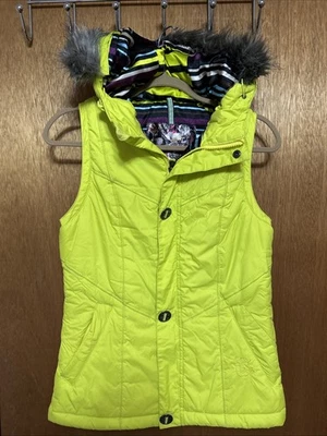 Burton Neon Green Hooded Zip-Up Dry Ride Vest W/ Faux Fur Trim, Size S - Image 1 of 4
