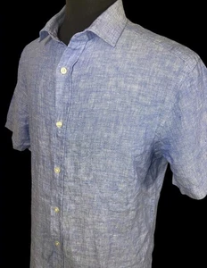 SUMMER READY CHARLES TYRWHITT BLUE 100% LINEN SHORT SLEEVE BUTTON FRONT SHIRT M - Picture 1 of 4