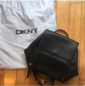 DKNY Bryant Park Black Leather Zipper Pull Tie Pockets Mini Backpack Dust Bag - Picture 1 of 5