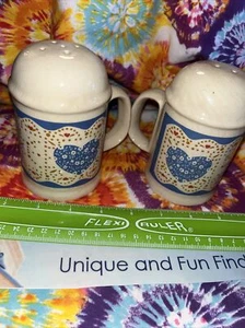 Off White Ceramic Salt & Pepper Shakers With Hearts Farmhouse Quilted Style EUC - Picture 1 of 8