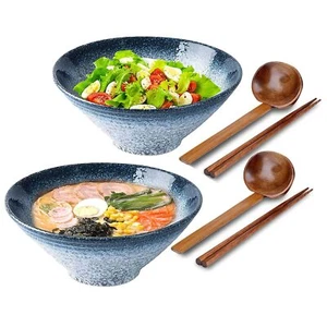 2 Set Ceramic Ramen Bowls with Spoons & Chopsticks | 1000ml Japanese Style - Picture 1 of 8