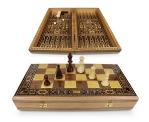 Holz Backgammon/Schach Brett inkl. Holz Steine&Figuren BK510 F - Bild 1 von 9
