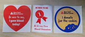 = NEW YORK BLOOD CENTER 3 STICKERS FIRST BLOOD DONATION FOR THE COOKIES HEART = - Picture 1 of 2