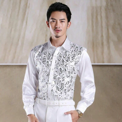 Men's Shiny Silk Feel Sequin Shirt Blouse Top Stage Party Long Sleeve Slim - Image 1 of 4