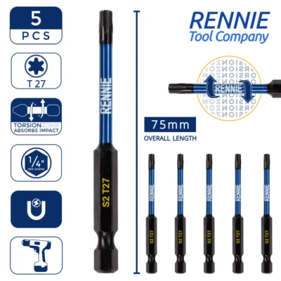5 x T27 Torx 75mm Long Magnetic Impact Duty Screwdriver Drill Driver Bits TX27 - Image 1 of 4