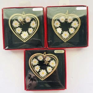National Treasures 2010 Solid Brass Christmas Ornament Heart Shape/White Flowers - Picture 1 of 4