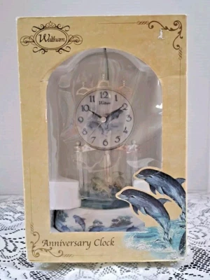 Waltham Anniversary Clock Dolphins Porcelain Base Glass Dome 9" NEW Original Box - Image 1 of 4