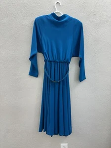 Willi of California Womens Dress Size 6 Blue Mock neck Long Sleeve Belted VTG - Picture 1 of 13