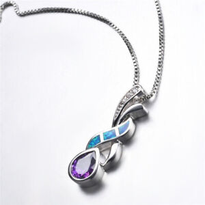  Silver Created Blue Simulated Opal Engagement Necklace Pendant 