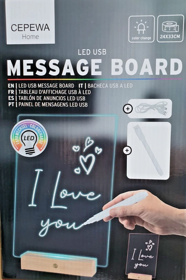 LED Tafel Message Board Acryl bunt USB Kabel mit Stift  Fuß Nachricht Zeichnung - Bild 1 von 1