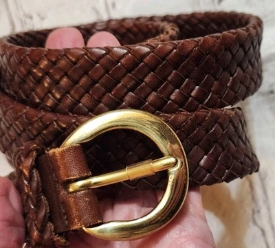 Talbots Brown Woven Braided Genuine Leather Belt Brass Metal Buckle Sz S - Image 1 of 4