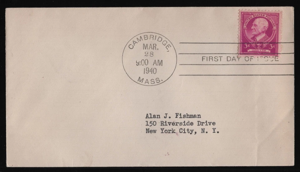 #871 3c Charles W Eliot, H/C FDC **ANY 5=FREE SHIPPING** - Image 1 of 1