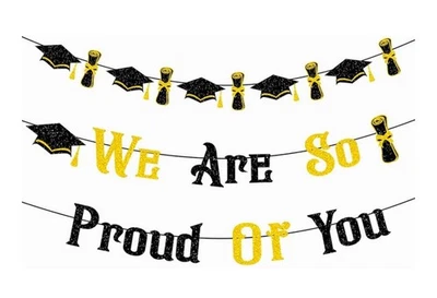  Glitter Black and Gold Congratulations Graduation Banner - 10 Feet  - Image 1 of 4