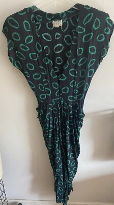 VTG 80’s Toury Dress Black Teal Geometric Overskirt SS Button, Zip Front 6 Rayon - Image 1 of 4