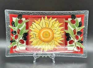 Peggy Karr "Tuscany" Fused Glass Tray Platter Large 14" x 8" Sunflower Olives - Picture 1 of 9