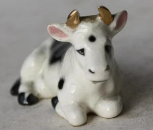 Cow Figurine Miniature Gold Horns Lying Down Bone China Ceramic Black Spots Fig - Picture 1 of 1
