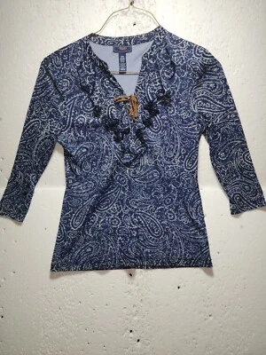 Chaps Denim Top Womens Large Blue White Paisley Blouse Quarter Sleeve Lace Front - Image 1 of 4