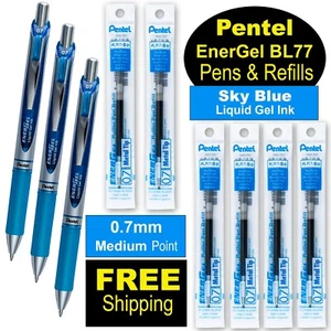 Pentel EnerGel RTX Sky Blue Liquid Gel Ink 0.7mm, 3 Pens with 6 Packs of Refills - Picture 1 of 6