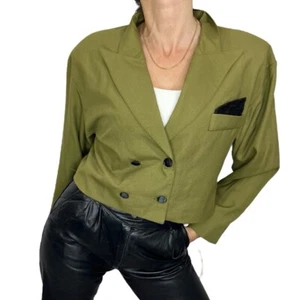 NWT Vintage 80s 90s cropped olive green double breasted blazer jacket 9 - Picture 1 of 11