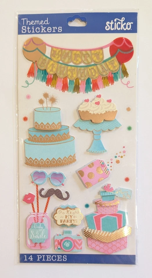 Sticko 14pc Happy Birthday 3D Stickers Fancy Pants Cake Scrapbooking JunkJournal