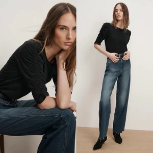 VERONICA BEARD Waldorf Ruched-Sleeve T-Shirt Size M #T023 Black Minimalist - Foto 1 di 8