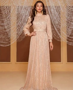 Sequined Long Sleeve Evening Gown with Stand-Up Collar& High Waist Belt Dress - Picture 1 of 5