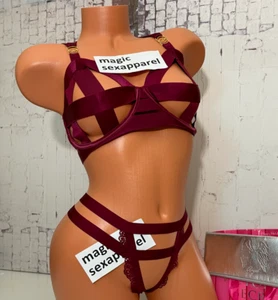 VICTORIAS SECRET 36DD BONDAGE BRA XL PANTY SET STRAPPY CAGED CUT OUT HARNESS - Picture 1 of 2