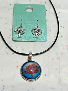 NWOT Tree of Life Nature Colorful Pendant Necklace w Silver Platted Earrings Set - Picture 1 of 10
