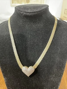 VTG 925 FAS GOLD PLATED 16”NECKLACE 1/4”W With RHINESTONE HEART PENDANT 2”W 3/4L - Picture 1 of 8