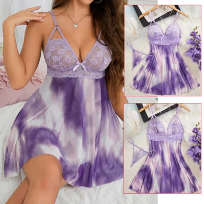 Women's Sexy-Lingerie Lace Babydoll Sleepwear Nightgown G-string Nightwear Set - Image 1 of 4