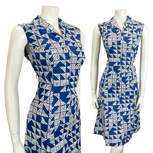 VTG 60S 70S NAVY BLUE STRIPED TILED GEOMETRIC ZIP UP COTTON SHIRT DRESS 10 12 - Picture 1 of 10