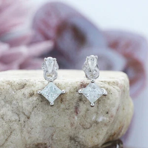 1ct Princess Cut Moissanite Dangle Earrings in 10K White Gold - Picture 1 of 12