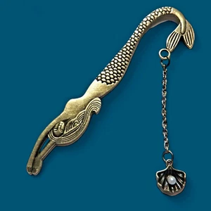 BRONZE MERMAID & PEARL BOOKMARK metal hook pendant fantasy fairy tale marker A6 - Picture 1 of 4