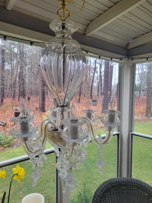 Lámpara de araña antigua clásica de 6 brazos italiana veneciana de Murano transparente + vidrio artístico 24 x 17 Foto 1 de 4