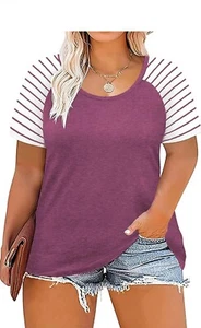 DOLNINE Women's Plus Size Tops Striped Raglan Tee Shirts Casual Tunics Blouses - Picture 1 of 8
