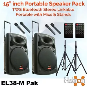 E-Lektron EL38-M 2 X 15 inch TWS Portable Bluetooth Speakers Microphones +Stands - Picture 1 of 11