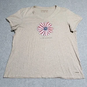 Life Is Good Tee T-Shirt Crusher Women XL White V-Neck Flag Flower USA America - Picture 1 of 8