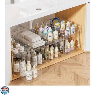 Paquete de 4 organizadores de baño, organizadores de tocador transparentes debajo del fregadero de 2 niveles... Foto 1 de 4