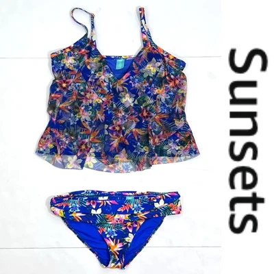 Conjunto de natación Tankini y bikini de dos piezas Sunsets para mujer talla XL azul floral  Foto 1 de 4