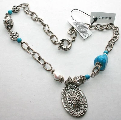 Collar Babero Chico's Tonificado Plata Nuevo con Etiquetas Turquesa Tono Plata Colgante Perlas 20" Foto 1 de 4