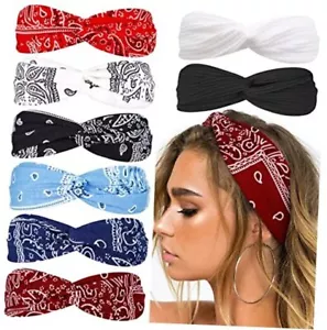 Bandana Headbands for Women Boho Elastic Hair Paisely Print Plus Solid Colors - Picture 1 of 8