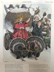 1876 THE CHRISTMAS CHARIOT THE PLUM-PUDDING HARPER’S WEEKLY HAND-COLORED PRINT - Picture 1 of 2