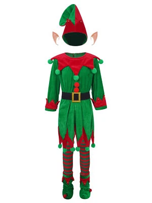 Christmas Kids Elf Costume Xmas Fancy Dress up Outfit for Boys Girls 6 Pieces - Image 1 of 4