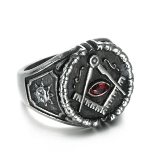 Vintage Red CZ Eye Masonic Signet Ring Stainless Steel Men's God Eye Biker Ring - Picture 1 of 7