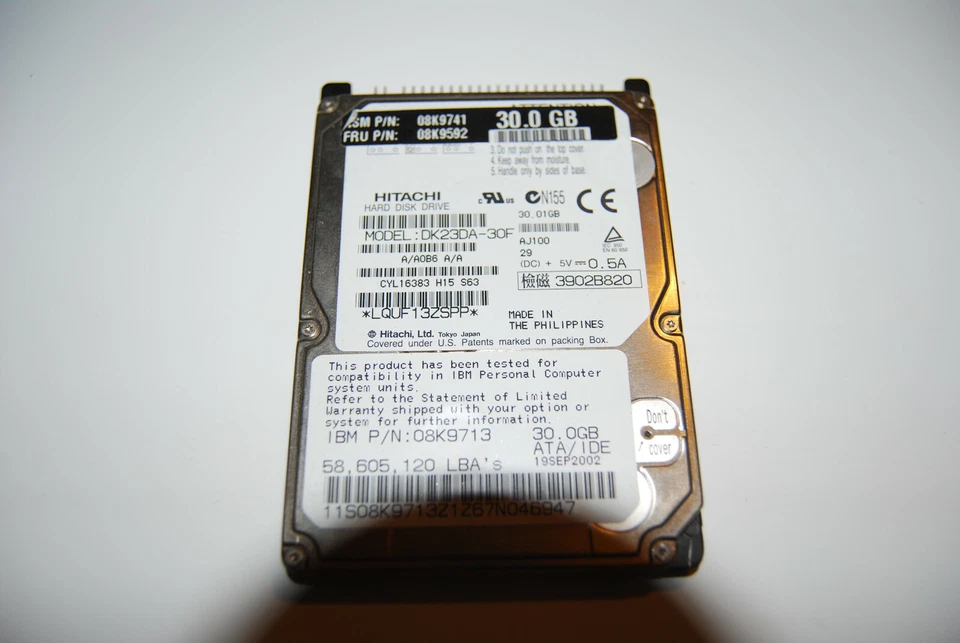Hitachi 30GB Internal 4200RPM 2.5" (DK23DA-30F) IDE HDD - IBM 08K9592 - Image 1 of 1