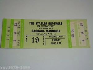 BARBARA MANDRELL THE STATLER BROTHERS 1978 UNUSED CONCERT TICKET SELLAND ARENA - Picture 1 of 4