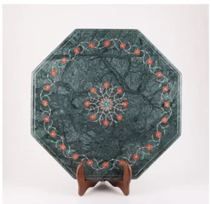 18''x18'' Inlay Carnelian Stone Coffee Table Top Green Marble Octagon End Tables - Picture 1 of 9