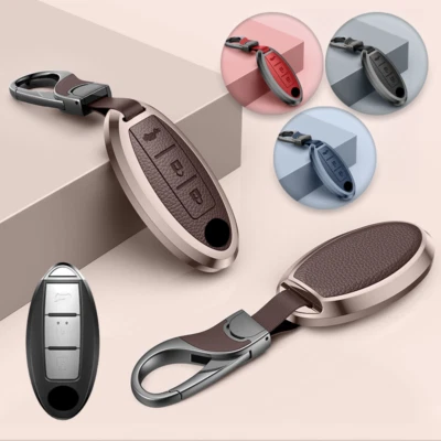 Funda de aleación de aluminio de cuero para llave de coche para Nissan Qashqai March Pulsar 370Z Foto 1 de 4