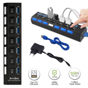 USB 3.0 Hub Switch Splitter Powered AC Adapter Charger 7 Port PC Laptop Desktop - Picture 1 of 11
